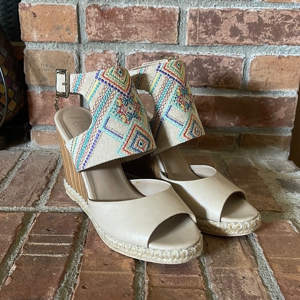 Nanette Lepore Embroidered Wedge Nude Sandals